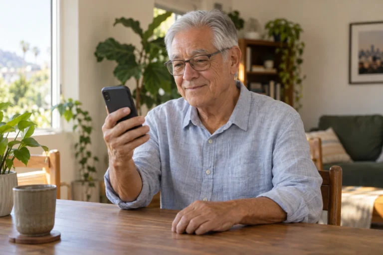 Older man with glasses reading his smartphone while seated at a wooden table