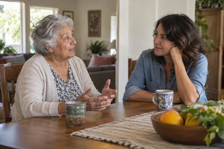 Older woman sharing a story while an adult relative listens at a dining table