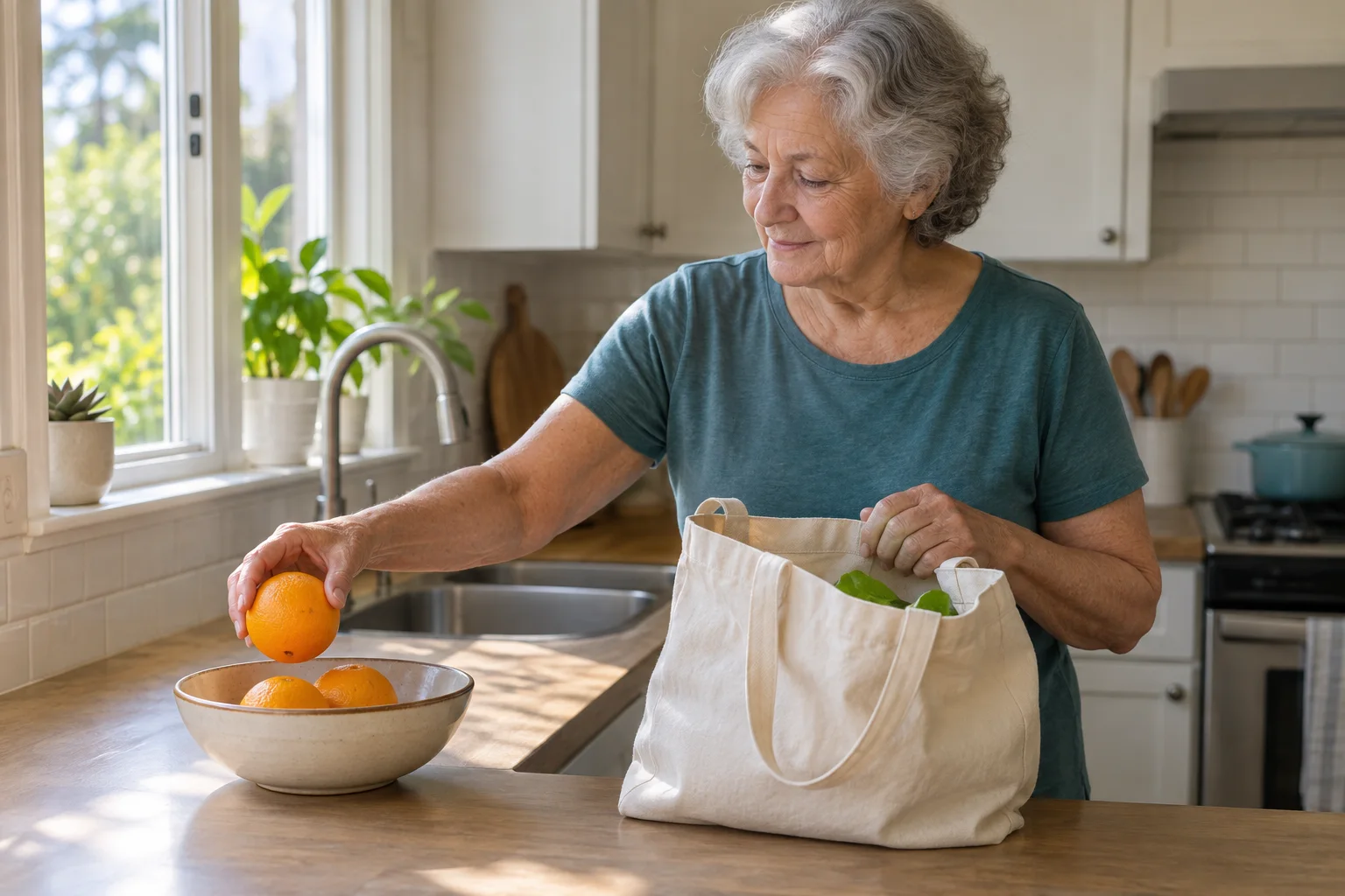 Older woman placing an orange into a bowl beside a small reusable grocery tote at home