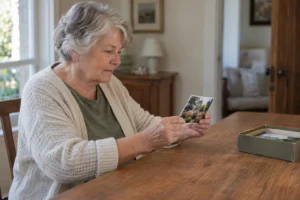 Older woman holding a printed photograph by its edges beside a photo storage box on a clear table