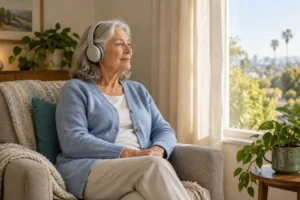Older woman listening with headphones beside a sunlit window at home