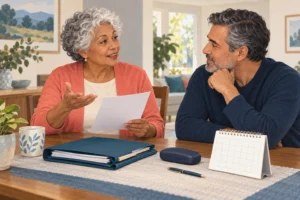 Editorial illustration of an older adult and a companion preparing an appointment agenda at home