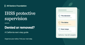 Illustrated notice organizer for a California IHSS protective-supervision denial or reduction.