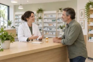 AI-generated image of a pharmacist and customer discussing medicines at a pharmacy counter.