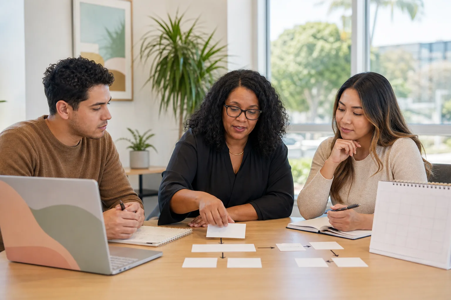 A student and two coordinators mapping the steps of a possible placement