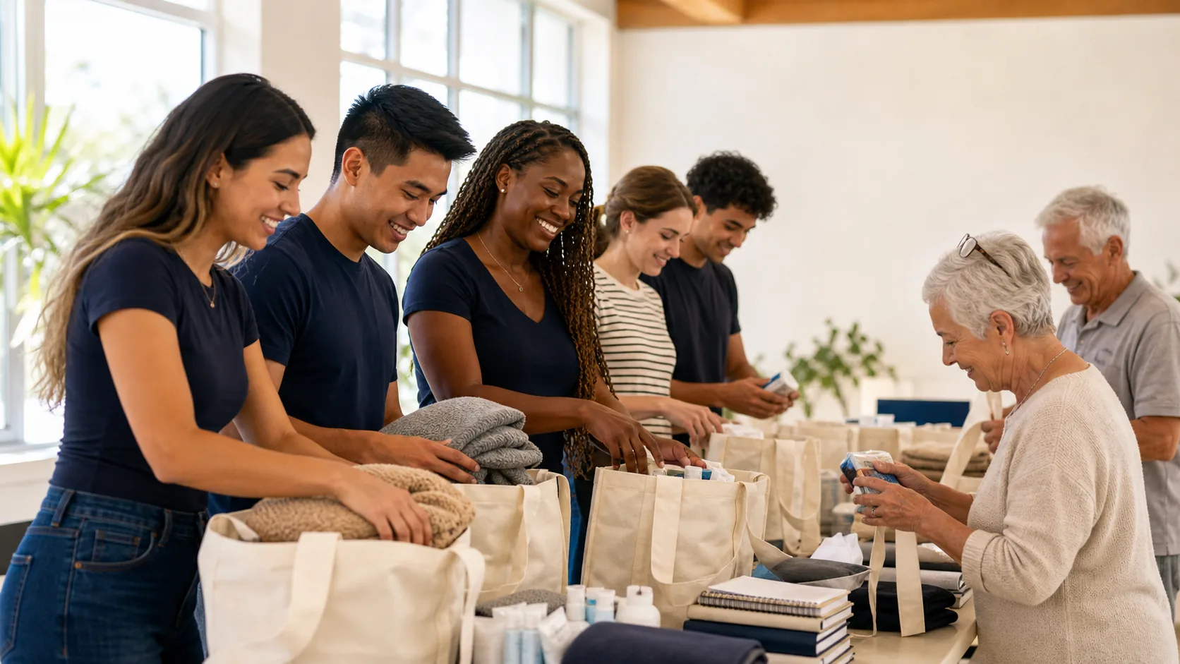 Adult volunteers and older adults assembling senior support care kits together